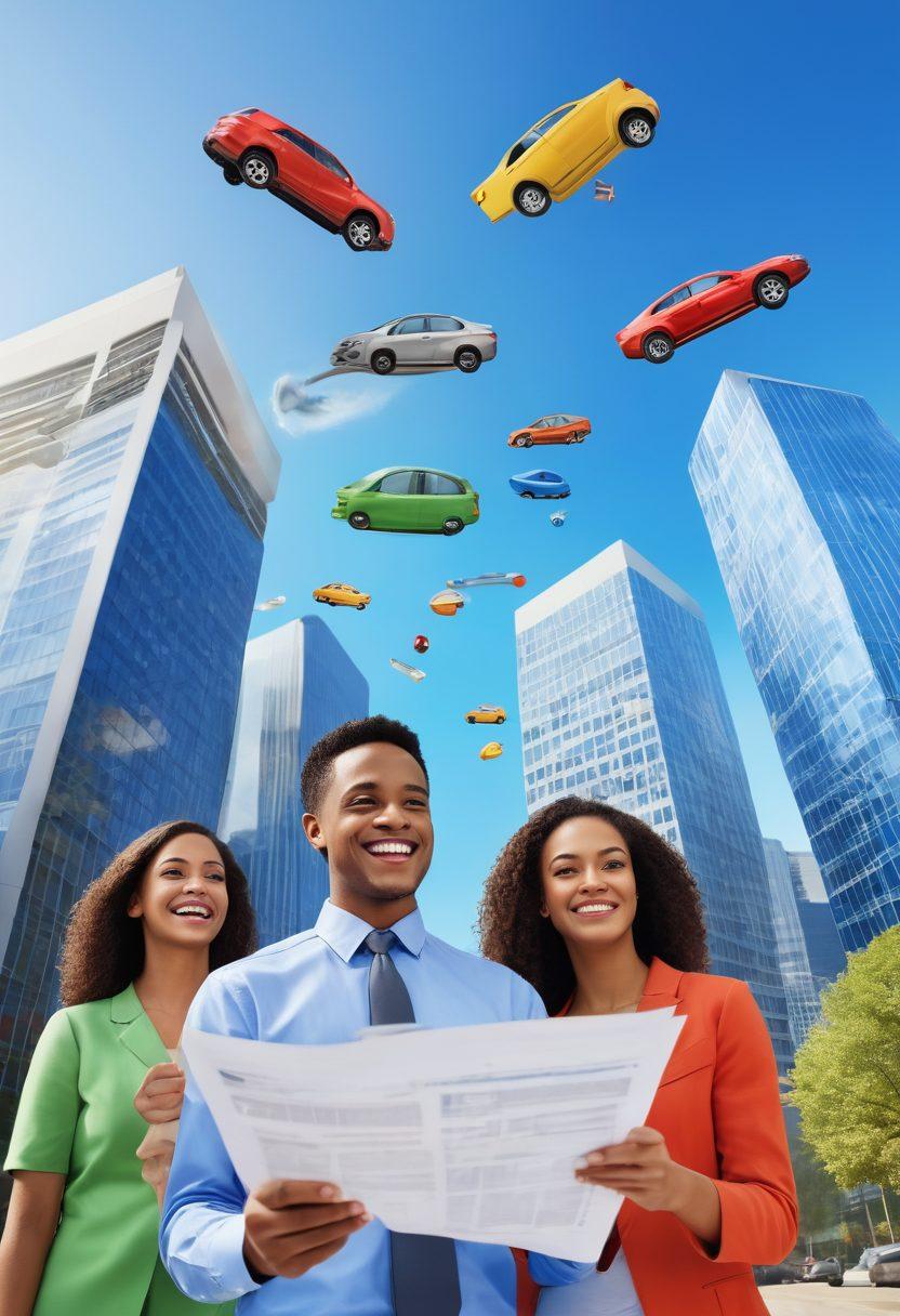 A young diverse group of Americans, smiling and discussing over documents with various insurance icons (like health, auto, and home) floating around them, set in a modern cityscape background. The scene conveys warmth, community, and the complexity of insurance choices, with a clear blue sky overhead. bright colors. super-realistic. dynamic composition.