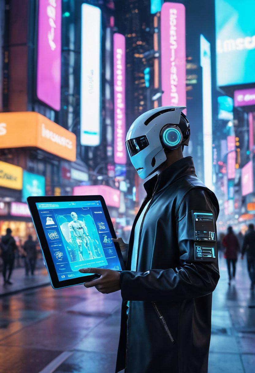 A young adult navigating through a futuristic city filled with digital insurance billboards and holographic policy options. They hold a tablet displaying various insurance plans, while a friendly robot offers guidance. The scene captures a blend of technology and assurance, reflecting smart choices for the future. vibrant colors. 3D. cyberpunk.